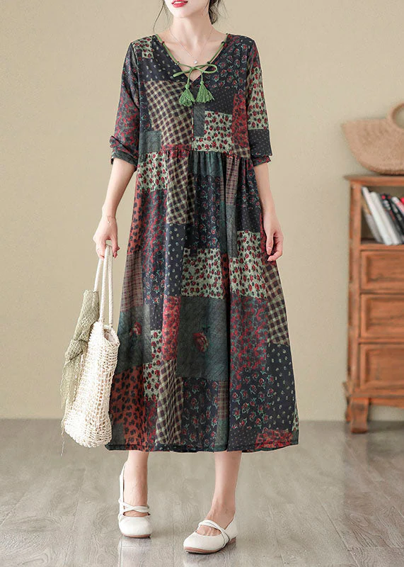 Bohemian V Neck Print Patchwork Cotton Long Dress Fall - Image 3