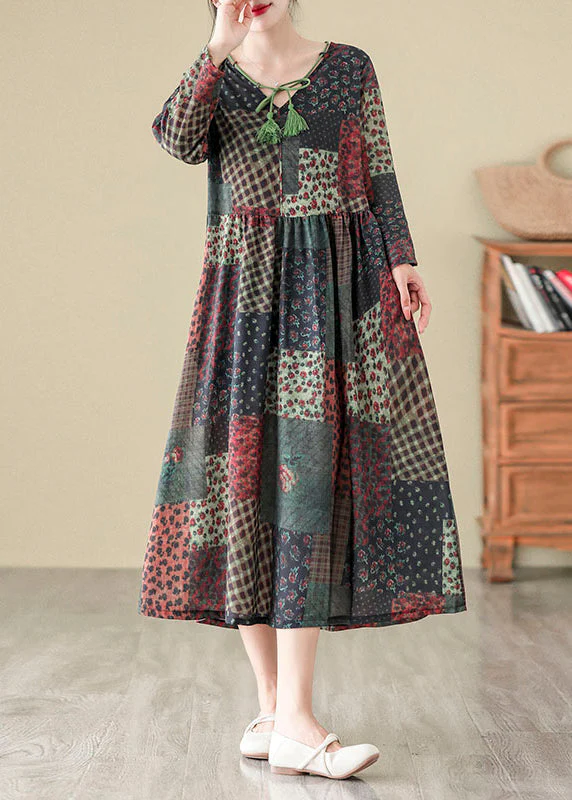 Bohemian V Neck Print Patchwork Cotton Long Dress Fall - Image 4