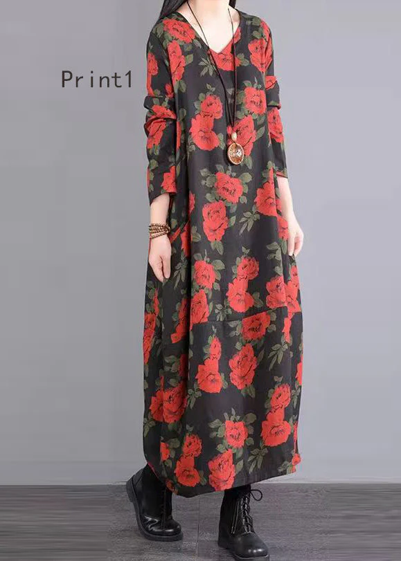 Bohemian V Neck Print Patchwork Cotton Long Dresses Fall - Image 4