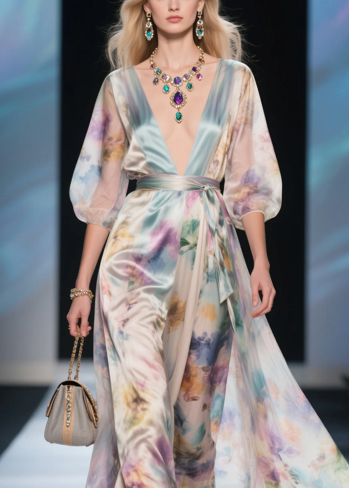 Bohemian V Neck Tie Waist Silk Maxi Dress Summer - Image 2