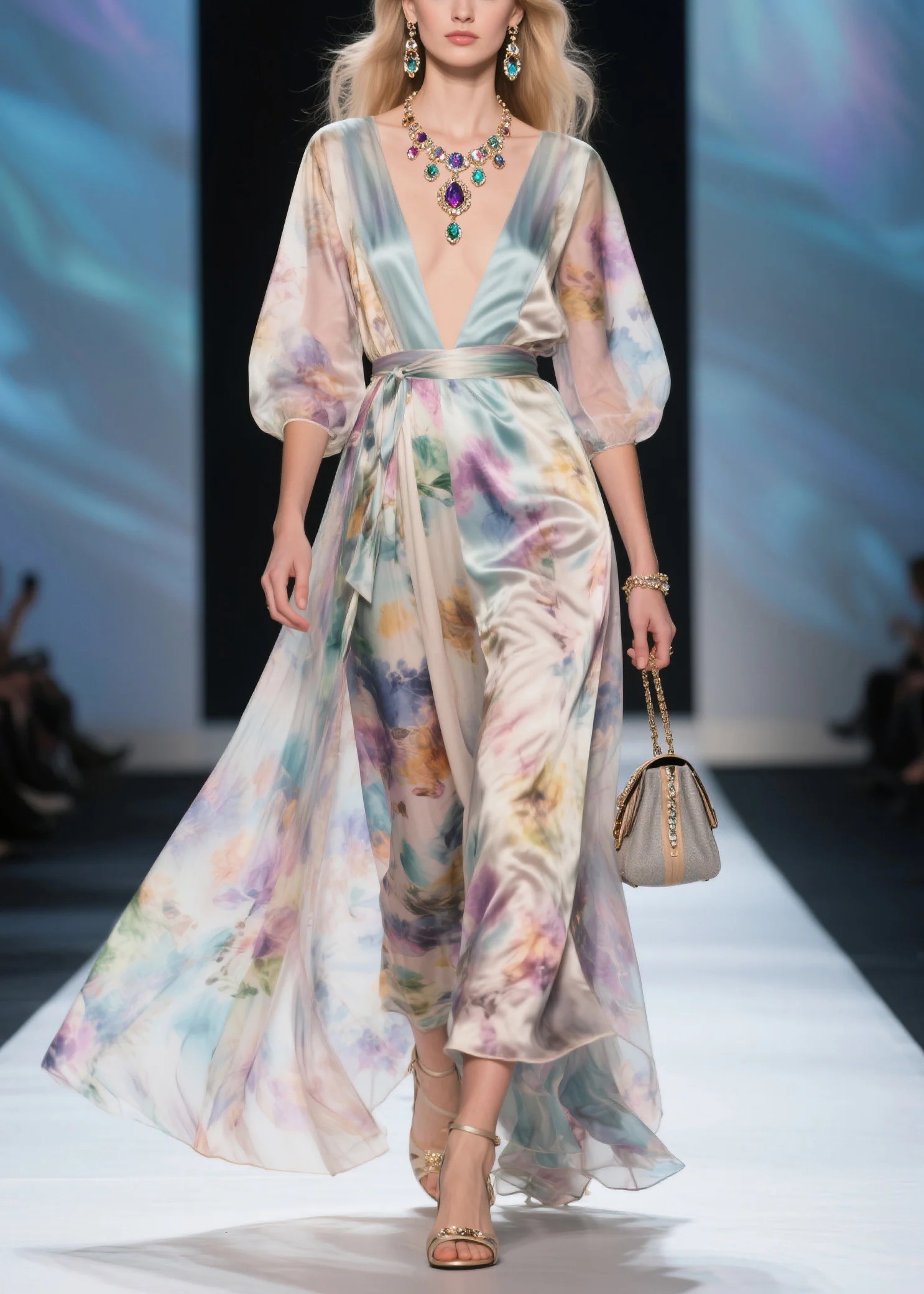Bohemian V Neck Tie Waist Silk Maxi Dress Summer - Image 3
