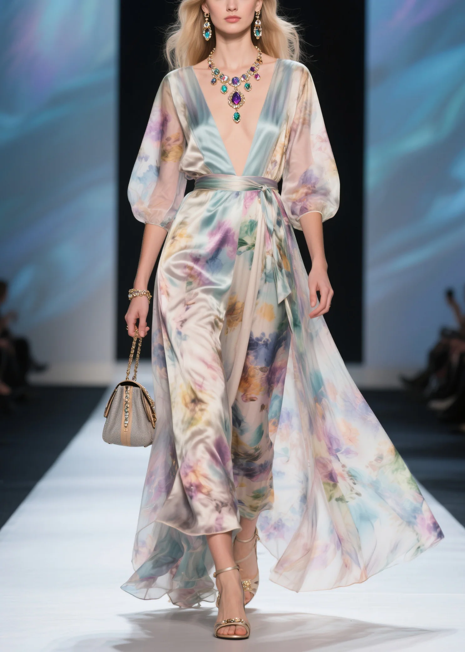 Bohemian V Neck Tie Waist Silk Maxi Dress Summer - Image 5