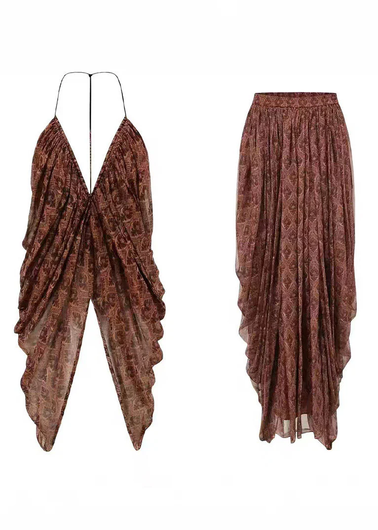 Bohemian V Neck Top And A Line Skirts Two Pieces Set Summer - Image 5