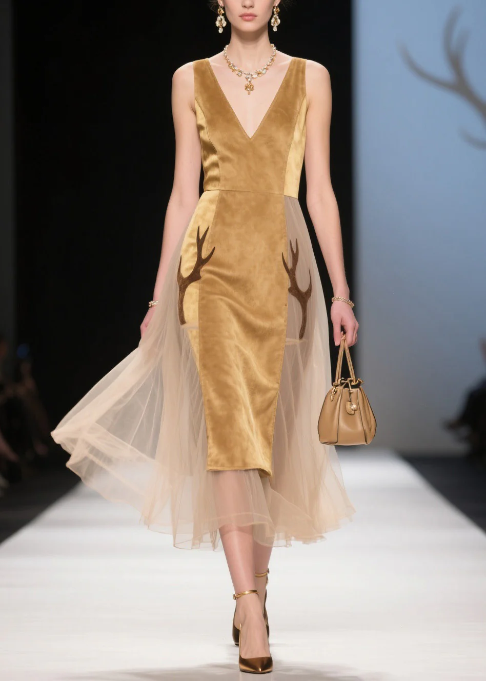 Bohemian V Neck Tulle Patchwork Velvet Dress Sleeveless - Image 3