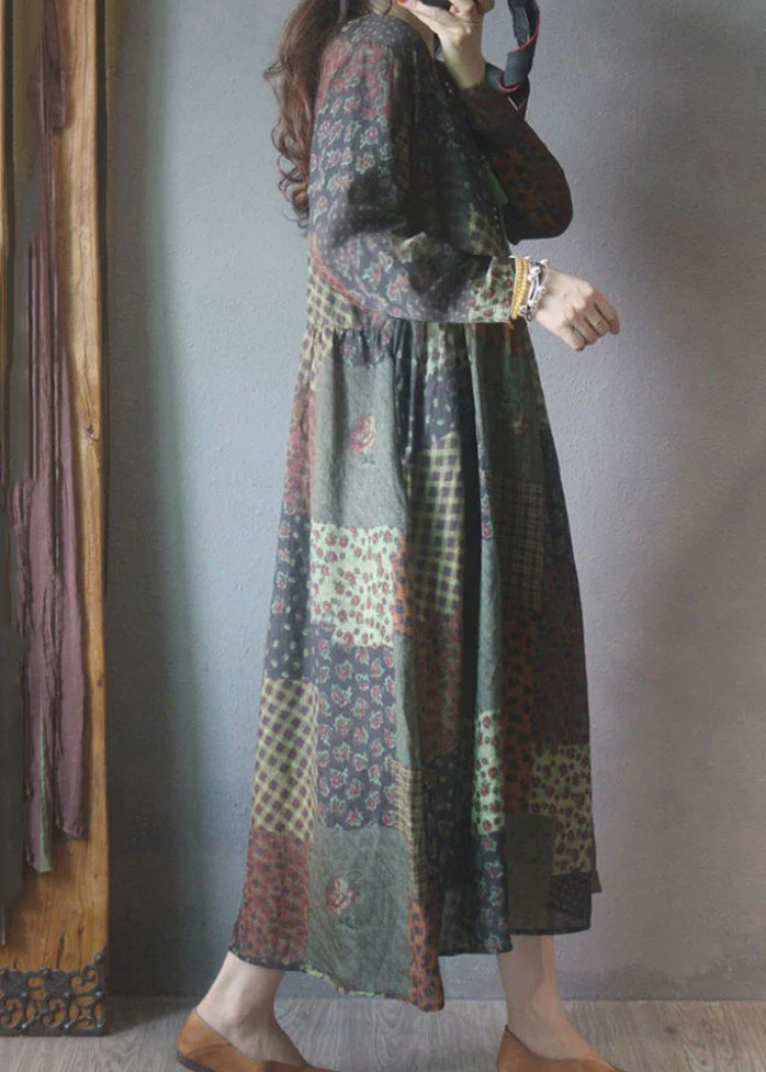 Bohemian V Neck Wrinkled Patchwork Linen Maxi Dresses Long Sleeve - Image 3
