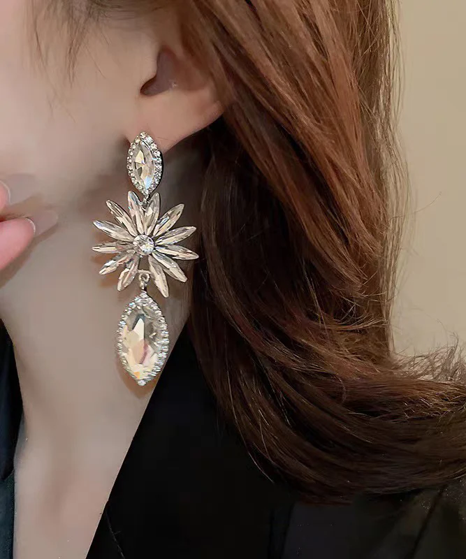 Bohemian White Alloy Zircon Floral Water Droplet Drop Earrings