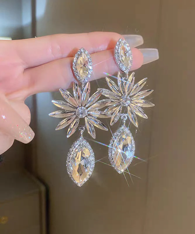 Bohemian White Alloy Zircon Floral Water Droplet Drop Earrings - Image 2