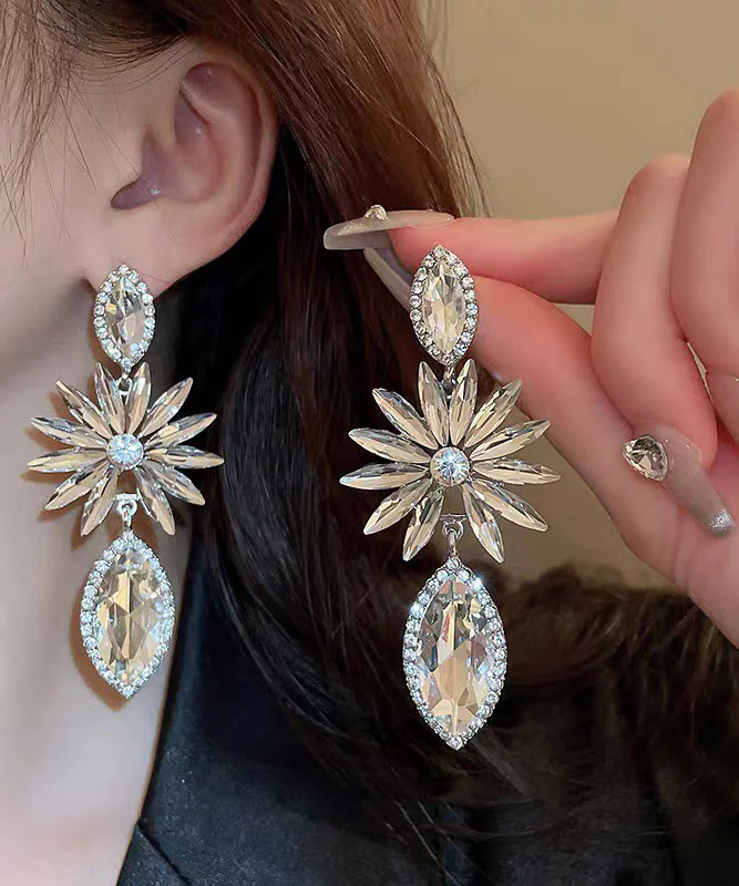Bohemian White Alloy Zircon Floral Water Droplet Drop Earrings - Image 3