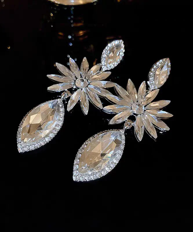 Bohemian White Alloy Zircon Floral Water Droplet Drop Earrings - Image 4