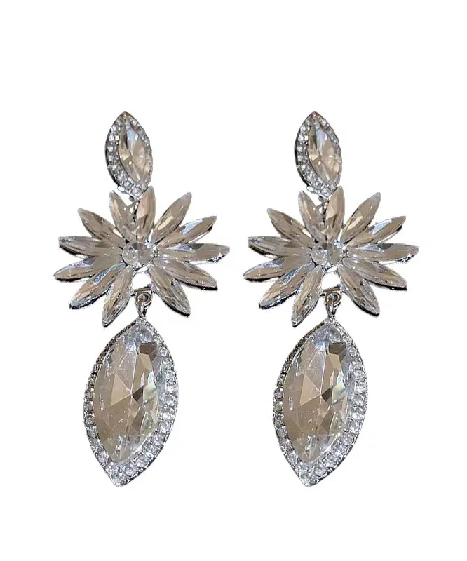 Bohemian White Alloy Zircon Floral Water Droplet Drop Earrings - Image 5