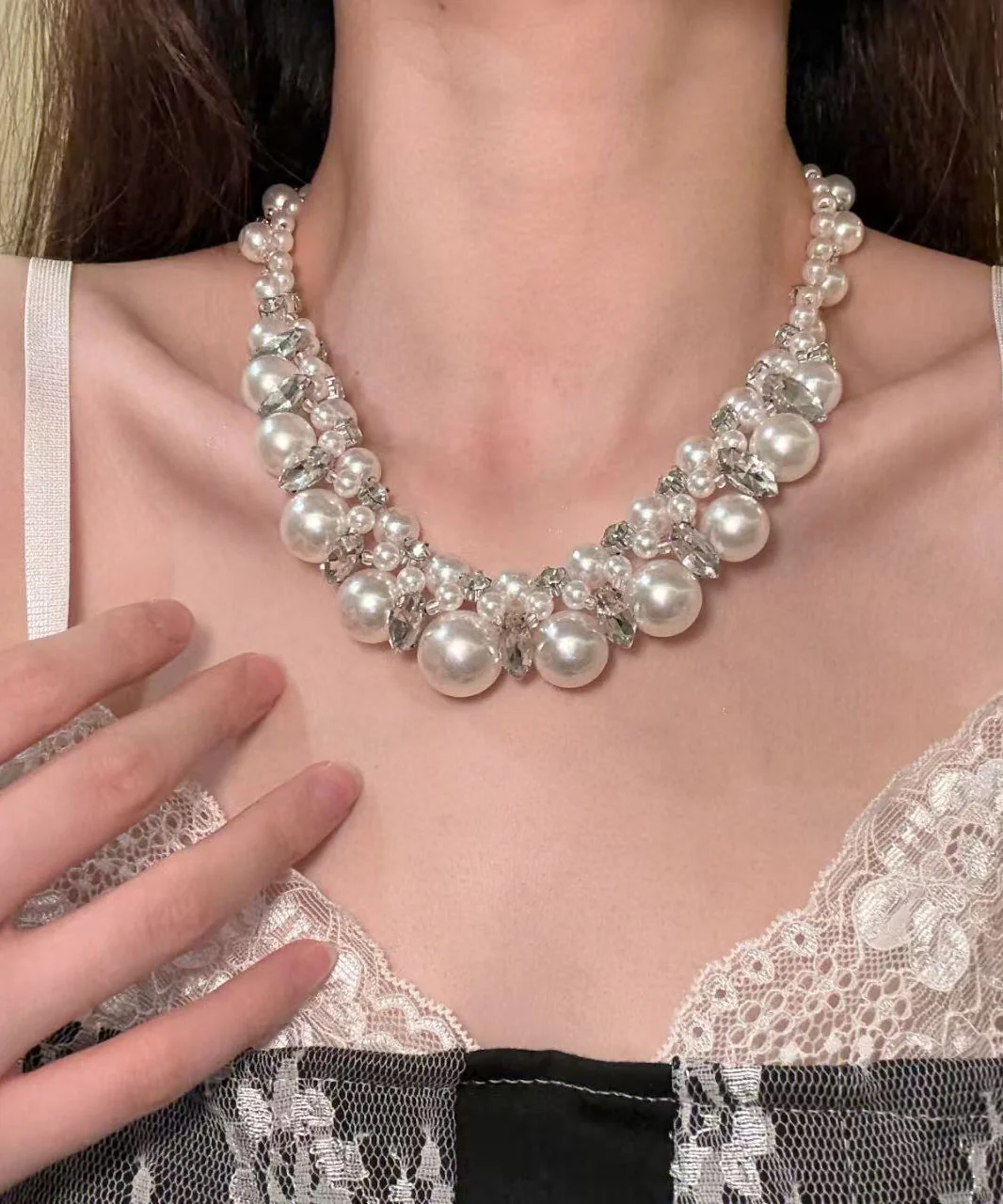 Bohemian White Alloy Zircon Pearl Beading Collar Necklace - Image 3