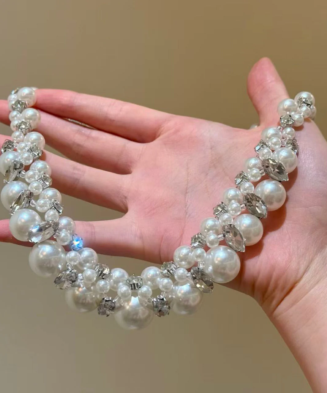 Bohemian White Alloy Zircon Pearl Beading Collar Necklace - Image 4