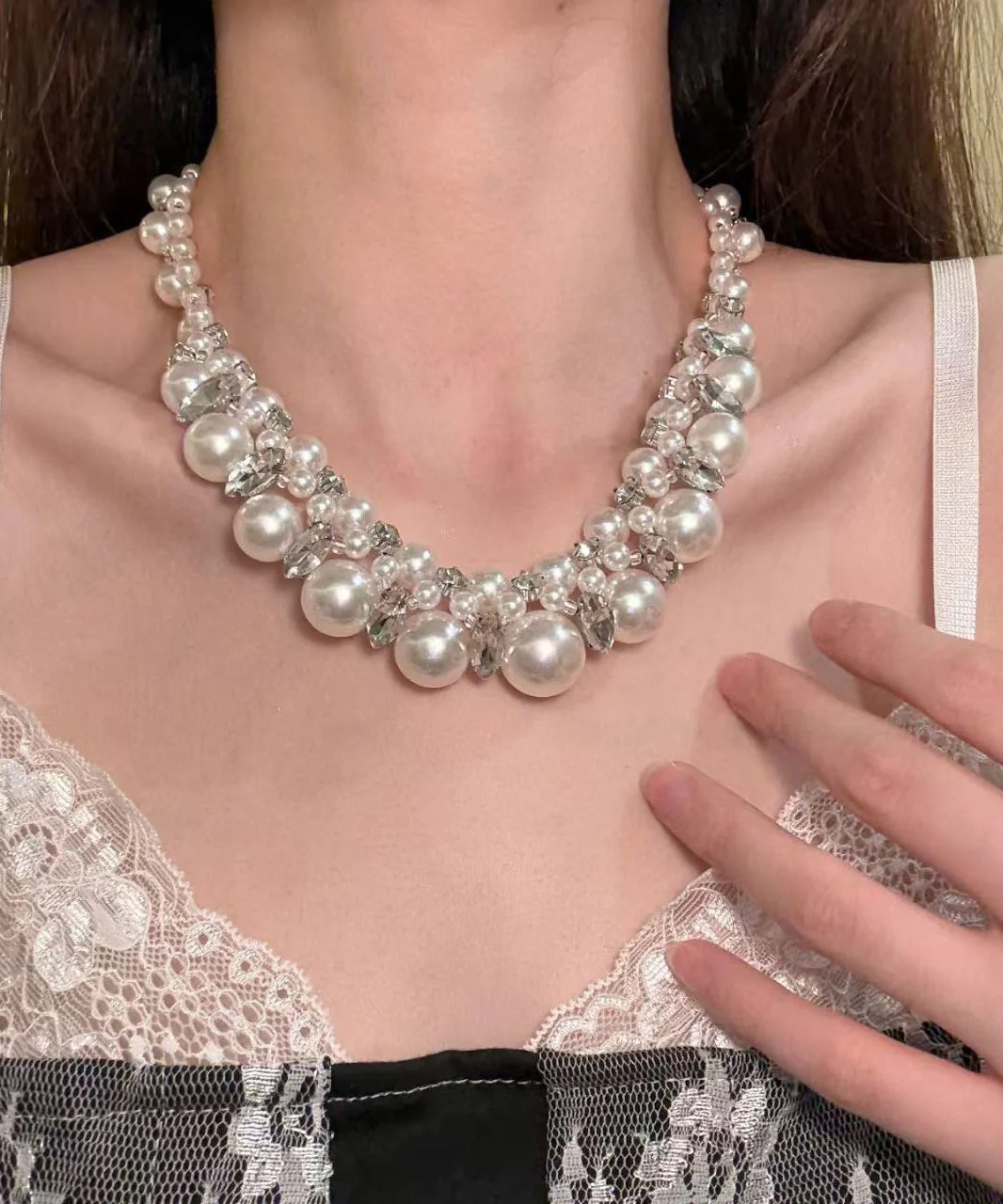 Bohemian White Alloy Zircon Pearl Beading Collar Necklace - Image 5