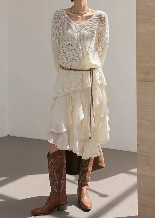 Bohemian White Asymmetrical Ruffles Chiffon Skirt Spring - Image 3