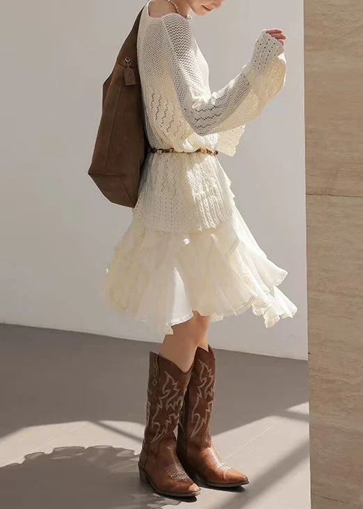 Bohemian White Asymmetrical Ruffles Chiffon Skirt Spring - Image 5