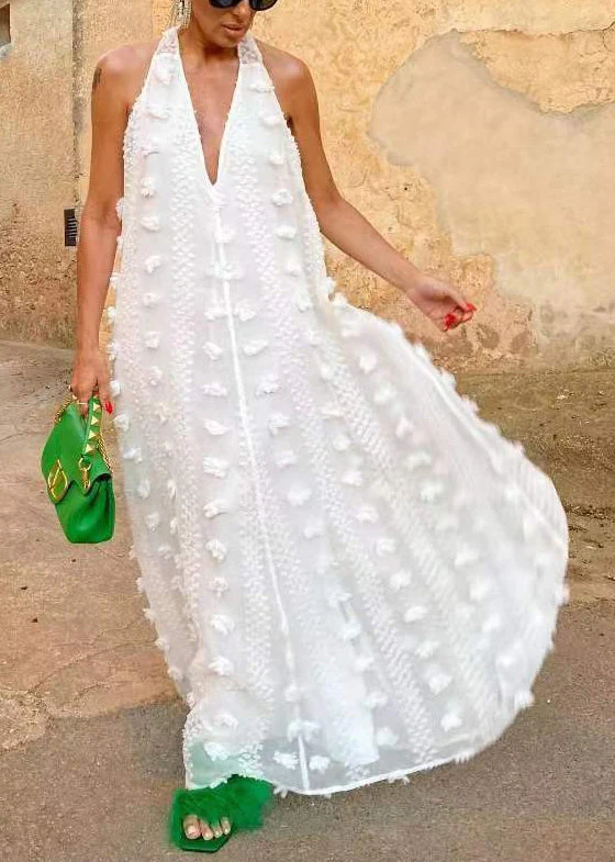 Bohemian White Backless Ribbon Floral Maxi Dress Sleeveless - Image 2