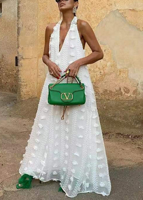Bohemian White Backless Ribbon Floral Maxi Dress Sleeveless - Image 3