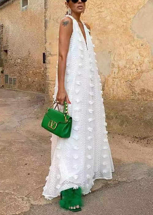 Bohemian White Backless Ribbon Floral Maxi Dress Sleeveless - Image 4