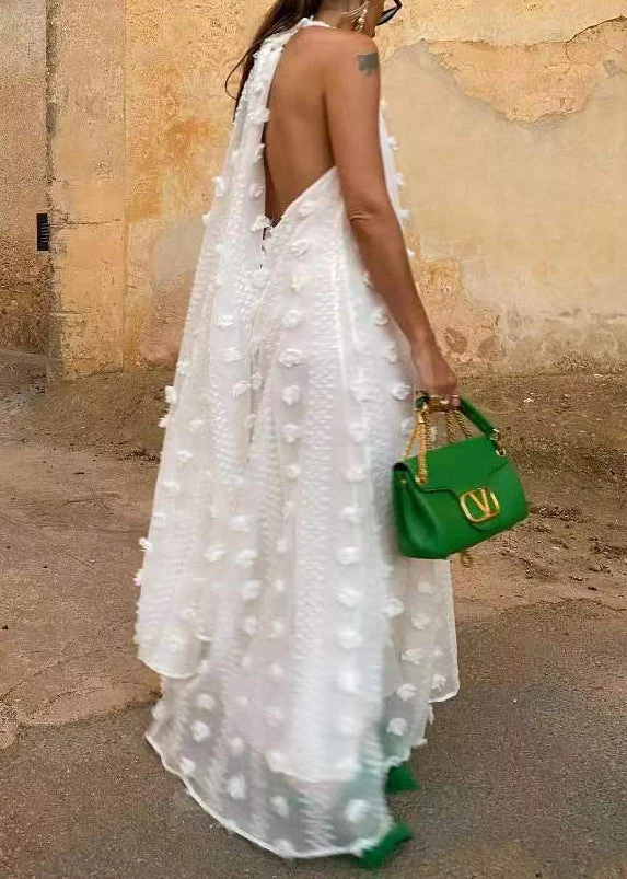 Bohemian White Backless Ribbon Floral Maxi Dress Sleeveless - Image 5