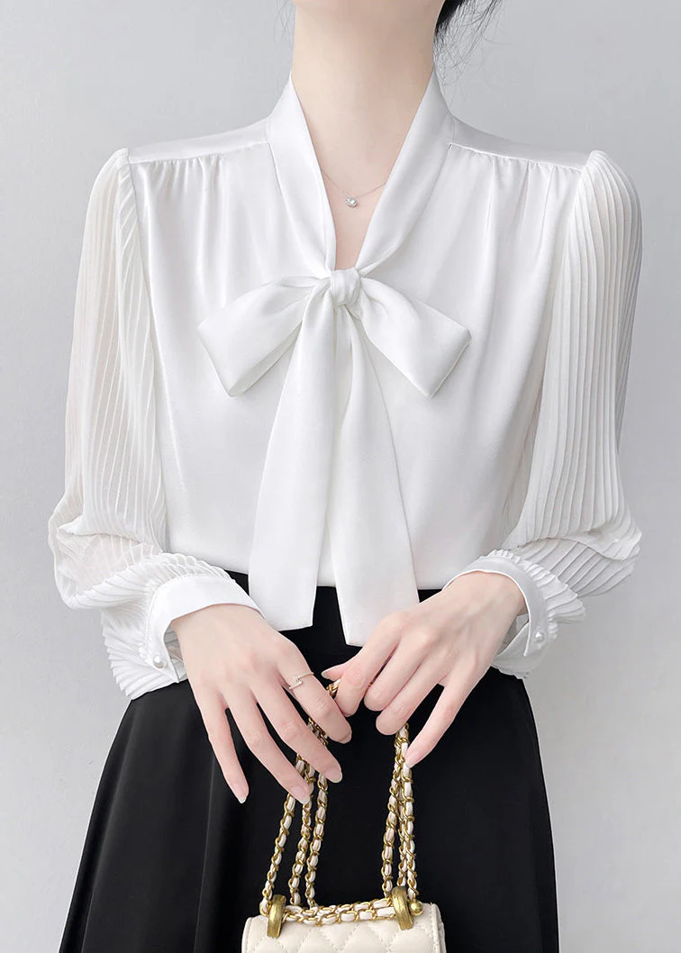 Bohemian White Bow Draping Chiffon Pleated Shirts Spring - Image 4
