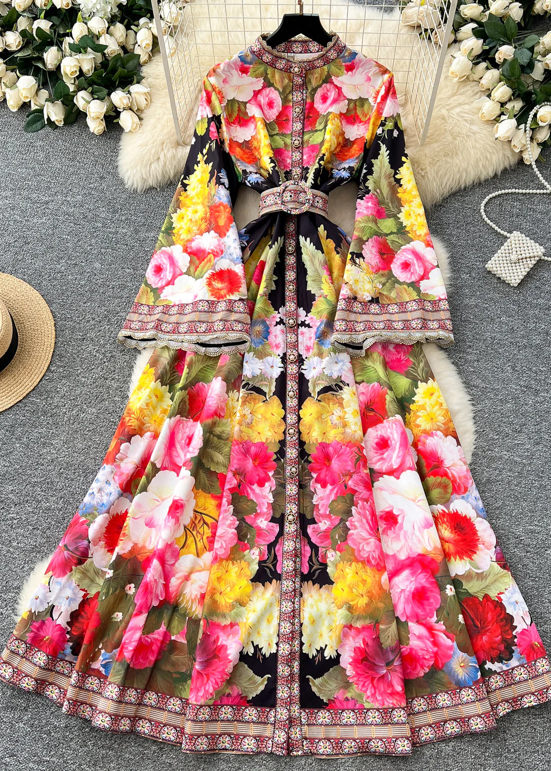 Bohemian White Cinched Floral Print Cotton Dresses Flare Sleeve - Image 2