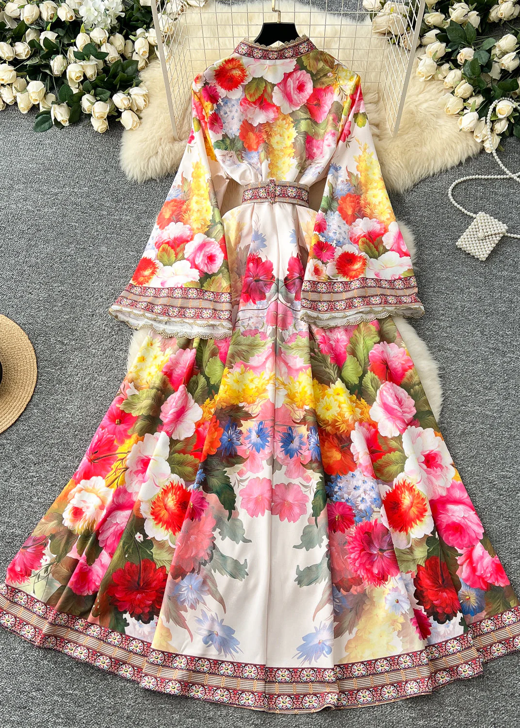 Bohemian White Cinched Floral Print Cotton Dresses Flare Sleeve - Image 3