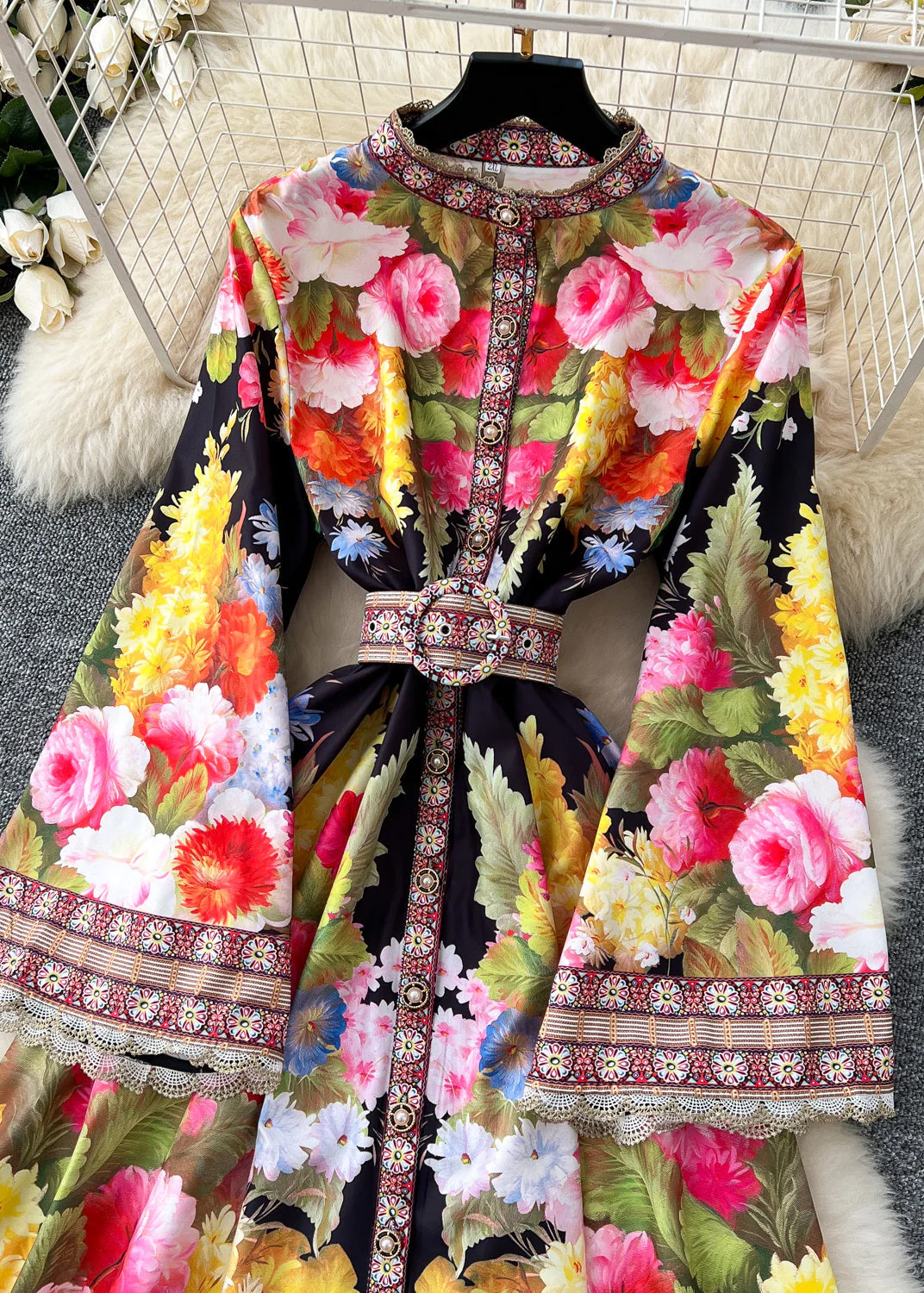 Bohemian White Cinched Floral Print Cotton Dresses Flare Sleeve - Image 4