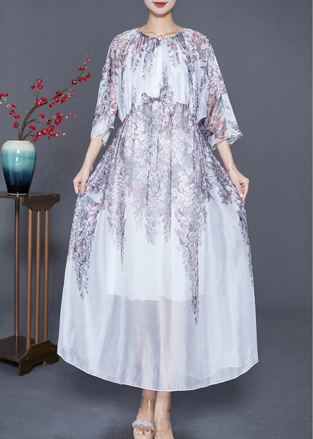 Bohemian White Cinched Print Silk Long Dress Summer - Image 2