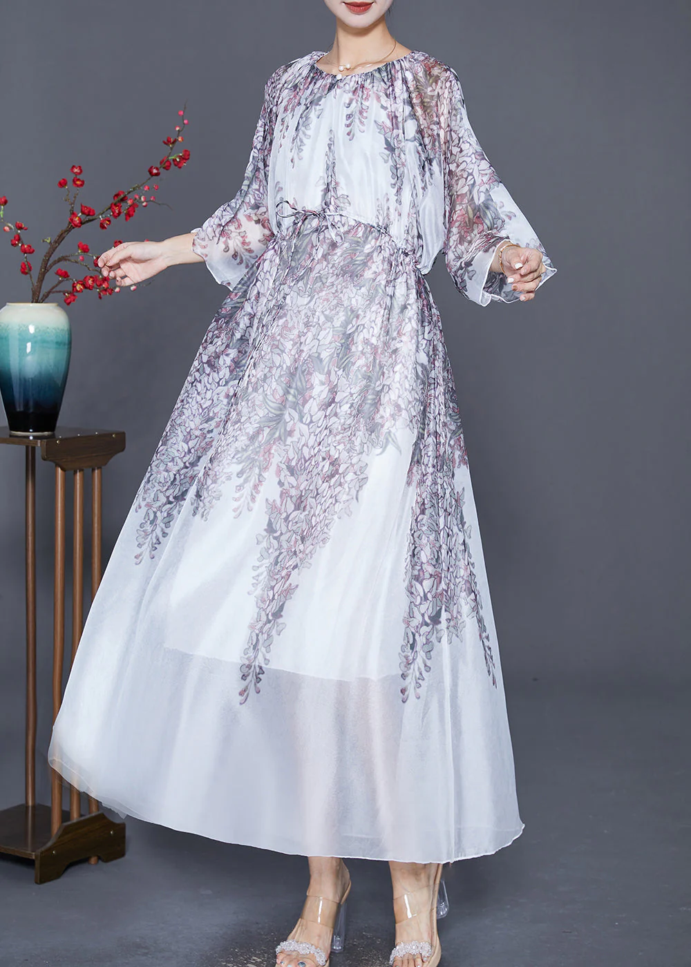 Bohemian White Cinched Print Silk Long Dress Summer - Image 3