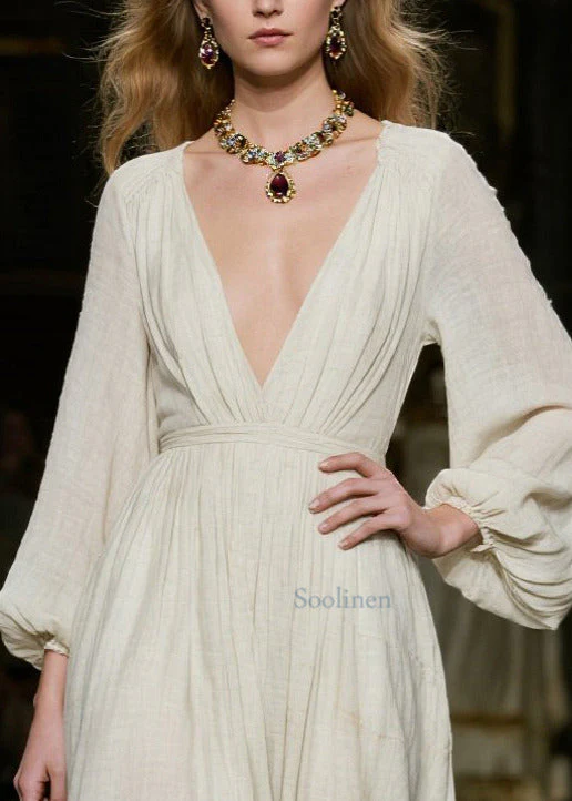 Bohemian White Deep-V Neck Cotton Dress Lantern Sleeve - Image 2