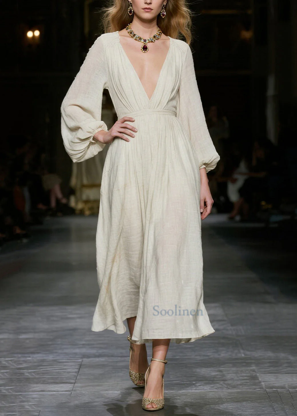 Bohemian White Deep-V Neck Cotton Dress Lantern Sleeve - Image 3