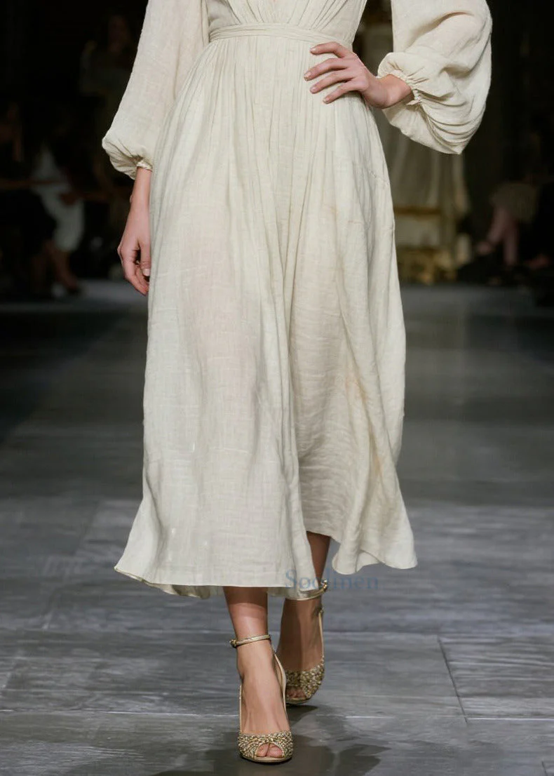 Bohemian White Deep-V Neck Cotton Dress Lantern Sleeve - Image 4