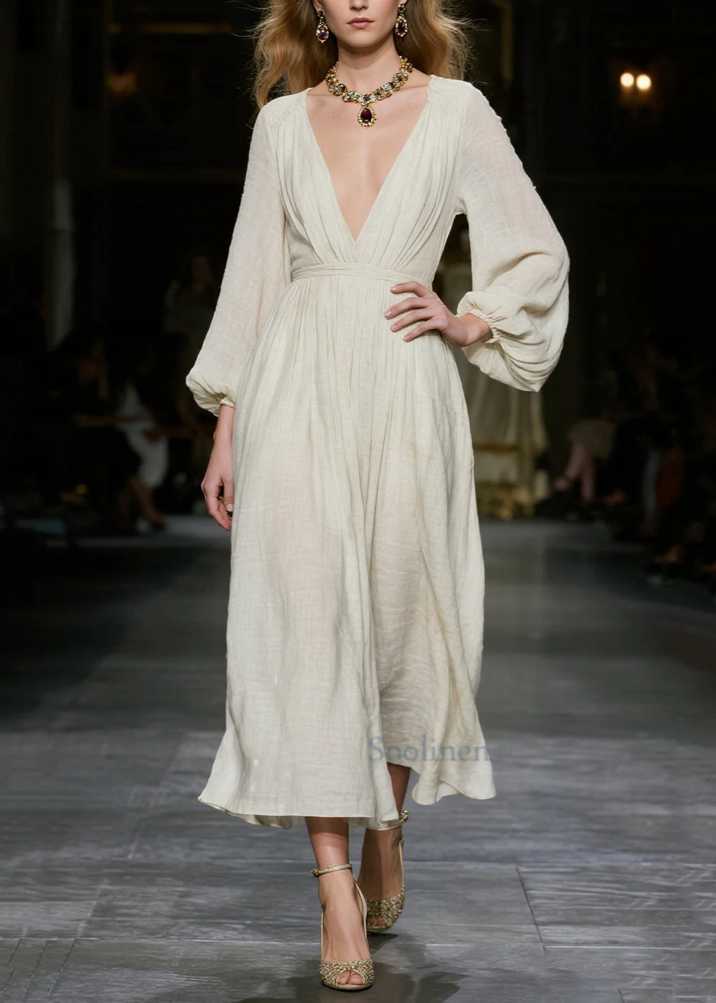 Bohemian White Deep-V Neck Cotton Dress Lantern Sleeve - Image 5