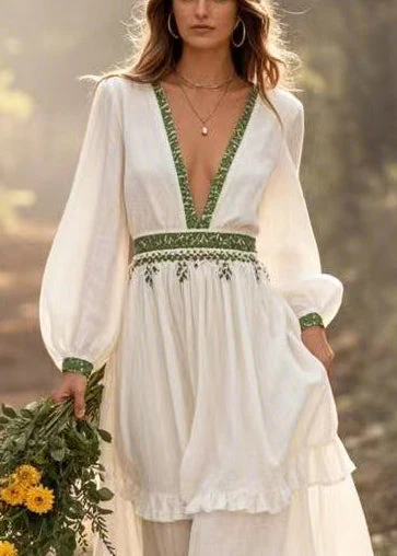 Bohemian White Deep-V Neck Exra Large Hem Long Dress Spring - Image 2
