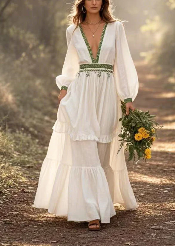 Bohemian White Deep-V Neck Exra Large Hem Long Dress Spring - Image 3