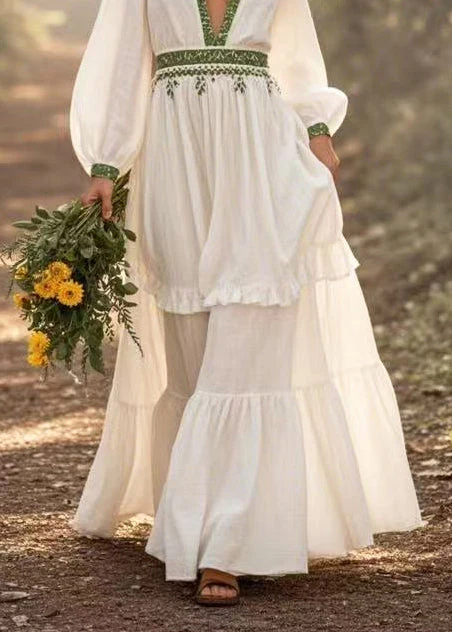 Bohemian White Deep-V Neck Exra Large Hem Long Dress Spring - Image 4