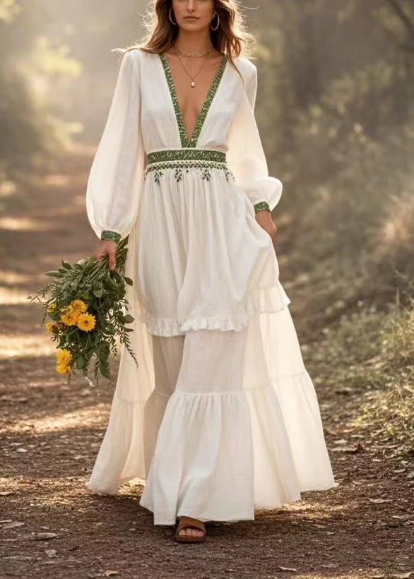 Bohemian White Deep-V Neck Exra Large Hem Long Dress Spring - Image 5