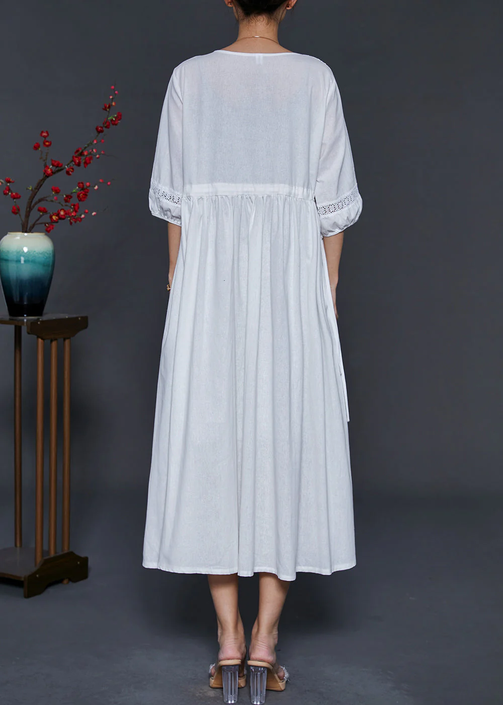 Bohemian White Embroidered Cotton Cinched Dress Summer - Image 4