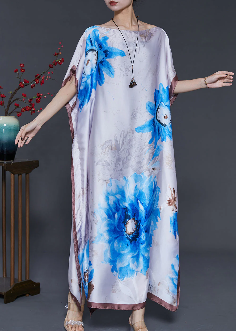 Bohemian White Flower Print Silk Maxi Dresses Summer - Image 2