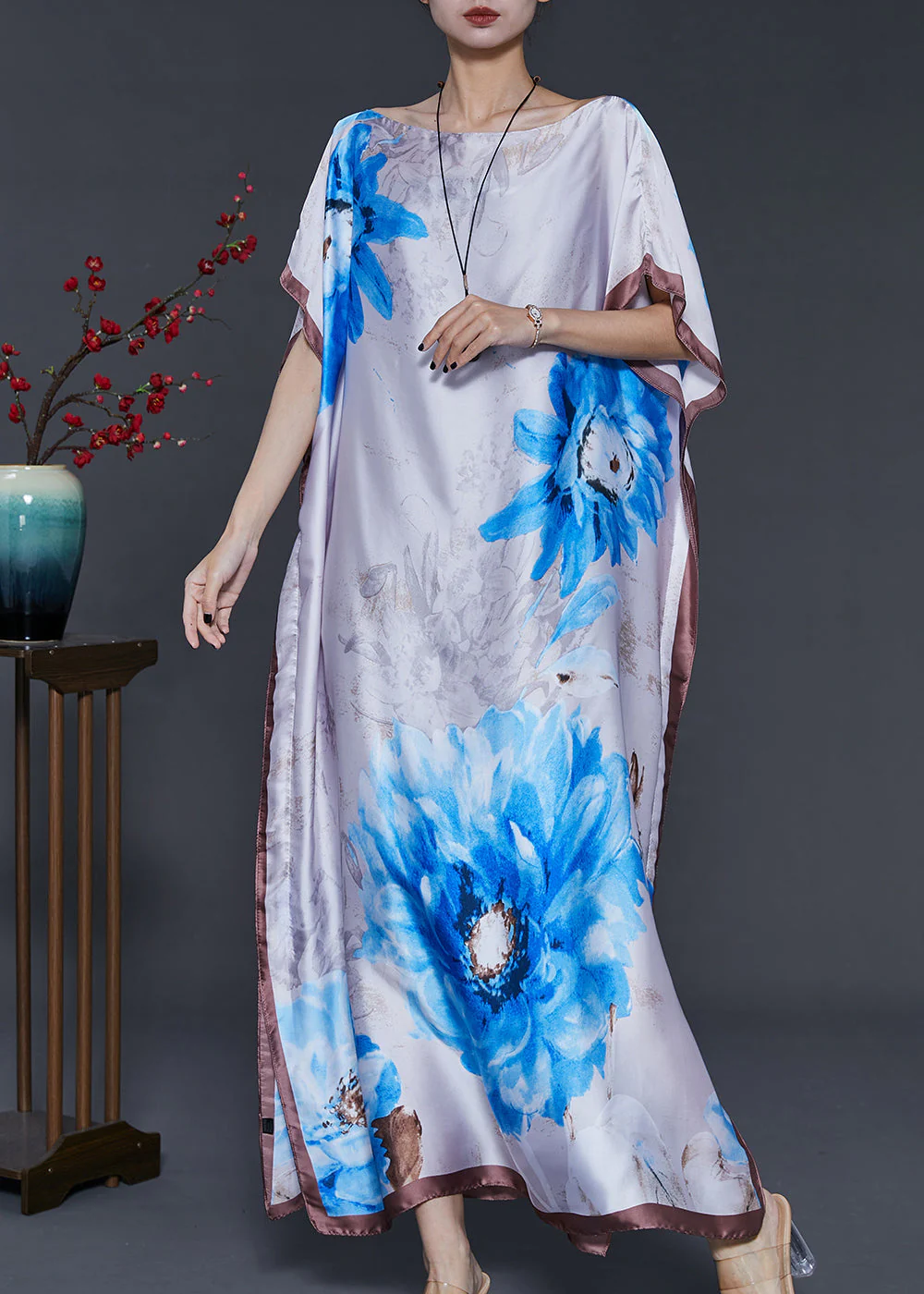 Bohemian White Flower Print Silk Maxi Dresses Summer - Image 3