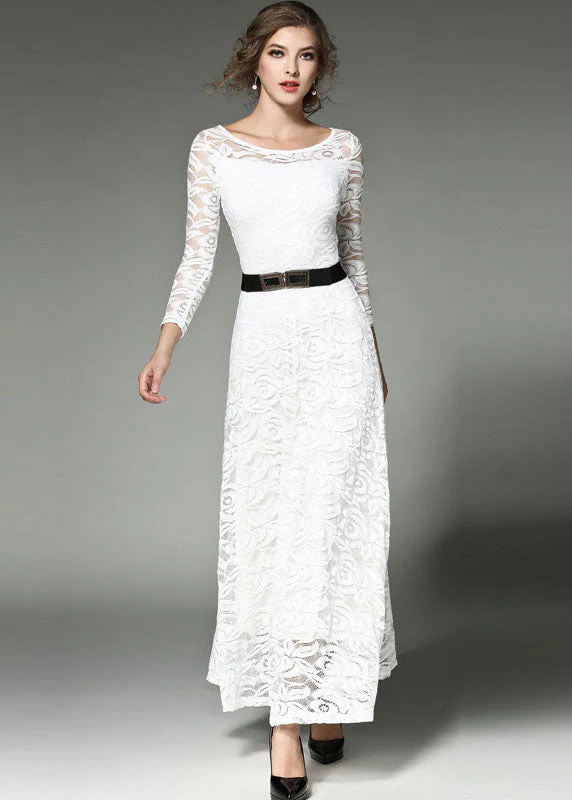 Bohemian White Hollow Out Embroideried Sashes Lace Long Dresses Summer - Image 2