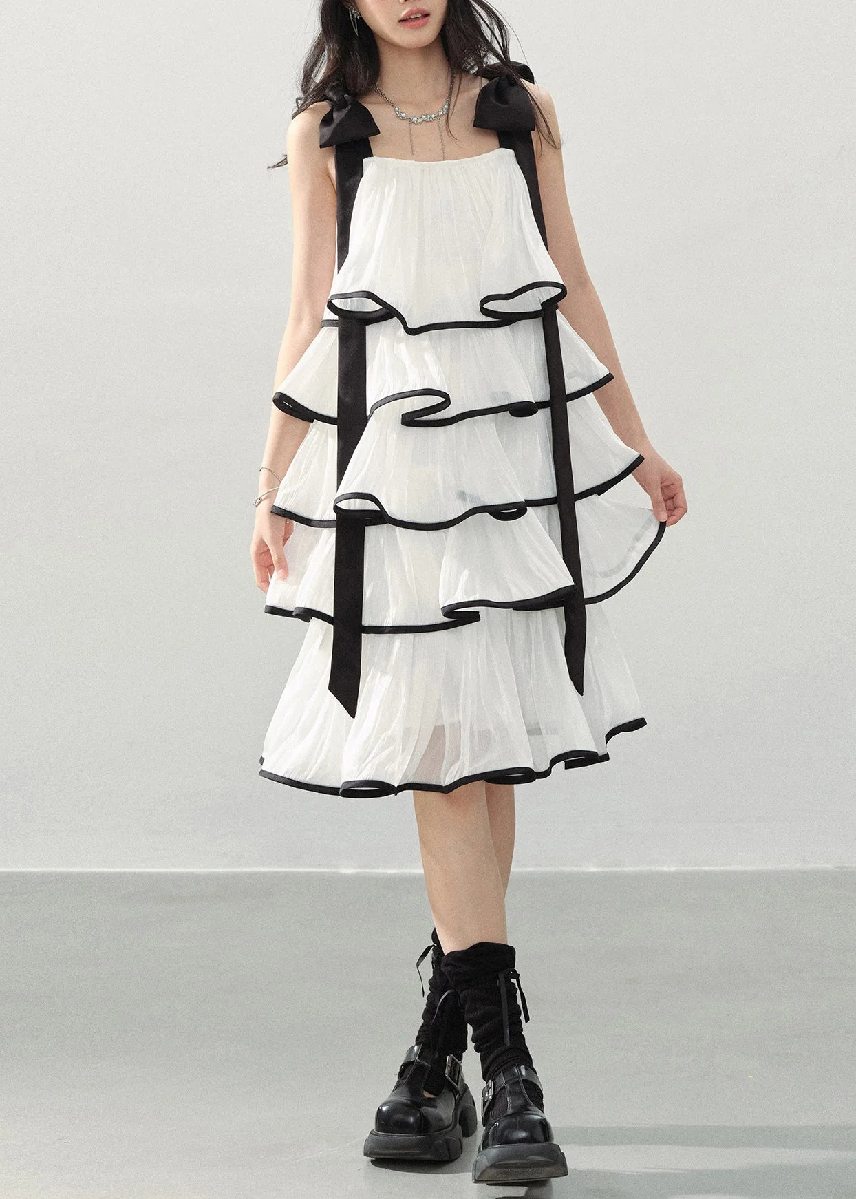 Bohemian White Layered Ruffles Chiffon Mini Dress Summer - Image 2