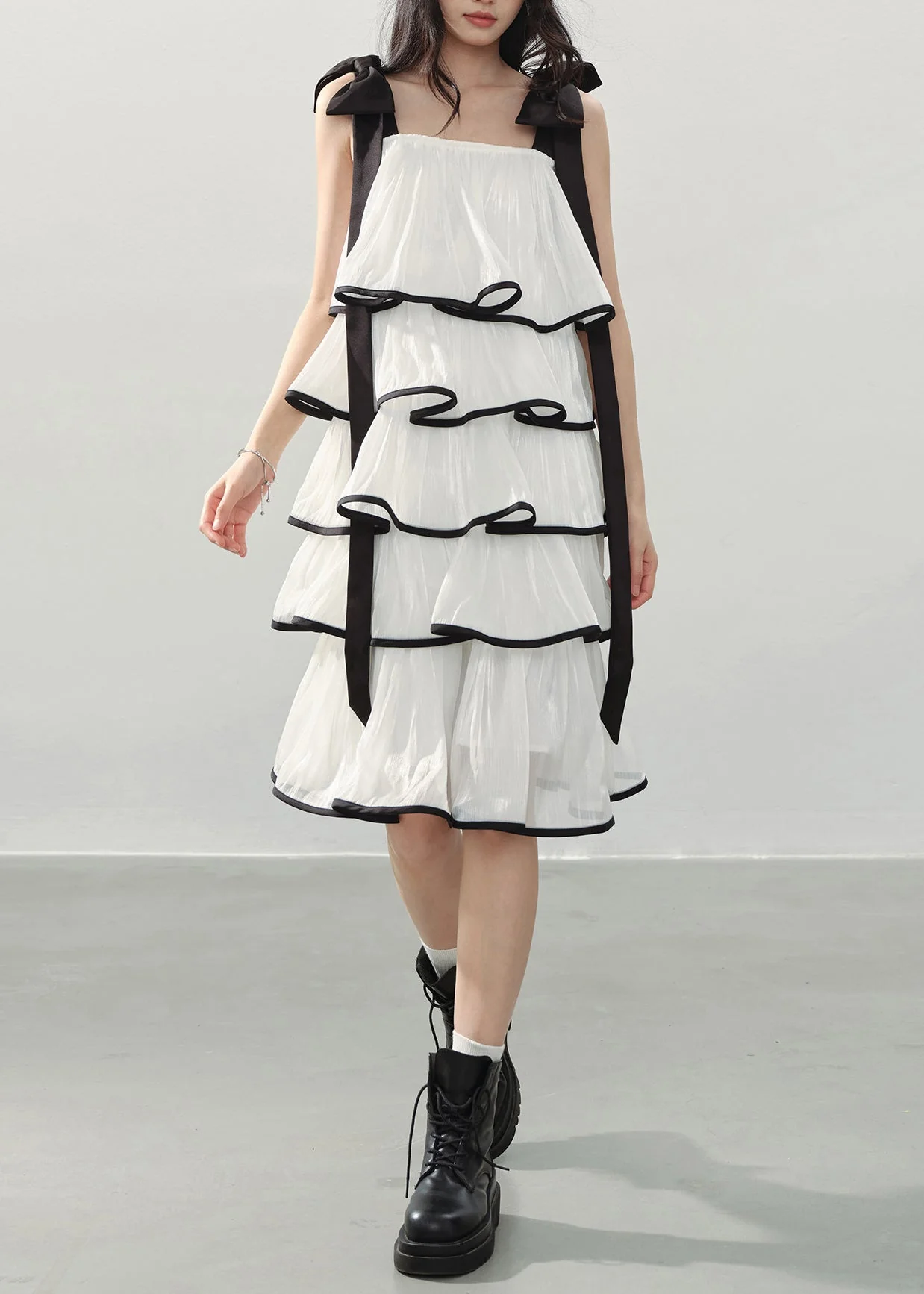 Bohemian White Layered Ruffles Chiffon Mini Dress Summer - Image 3