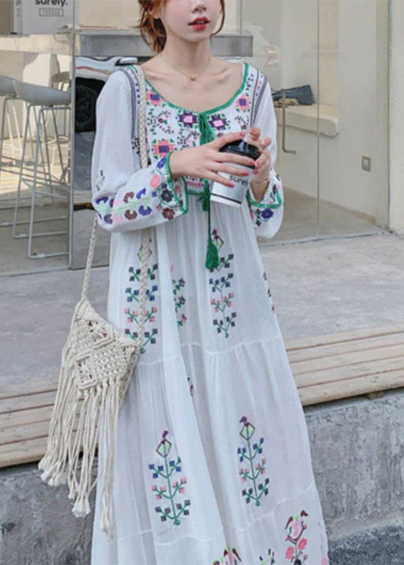 Bohemian White O-Neck Embroideried Floral Cotton Holiday Dresses Long Sleeve - Image 4