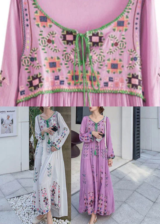 Bohemian White O-Neck Embroideried Floral Cotton Holiday Dresses Long Sleeve - Image 5