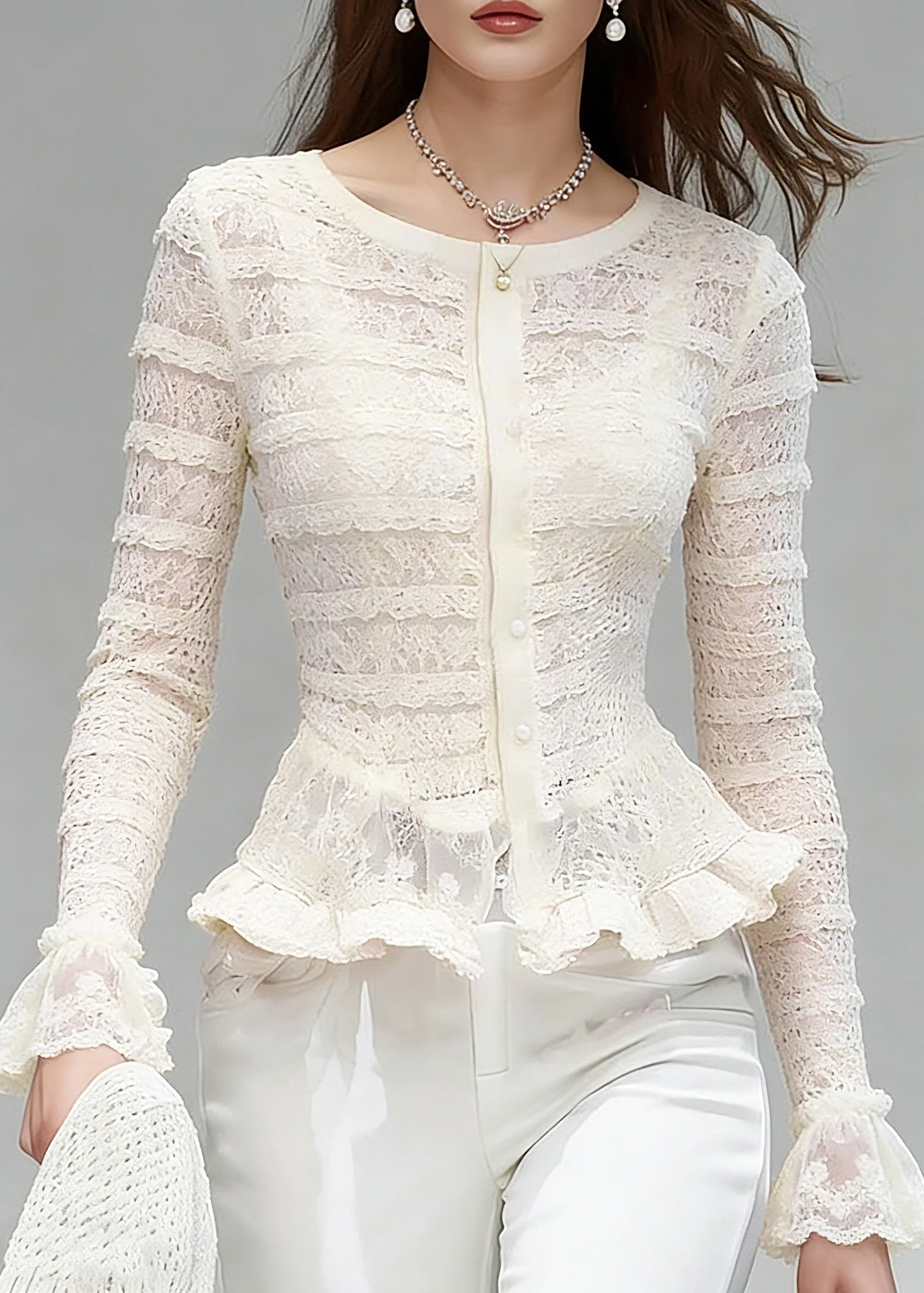 Bohemian White O-Neck Ruffled Patchwork Lace Tops Flare Sleeve - Image 3