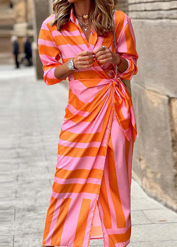 Bohemian White Orange Asymmetrical Tie Waist Maxi Dresses Long Sleeve - Image 3