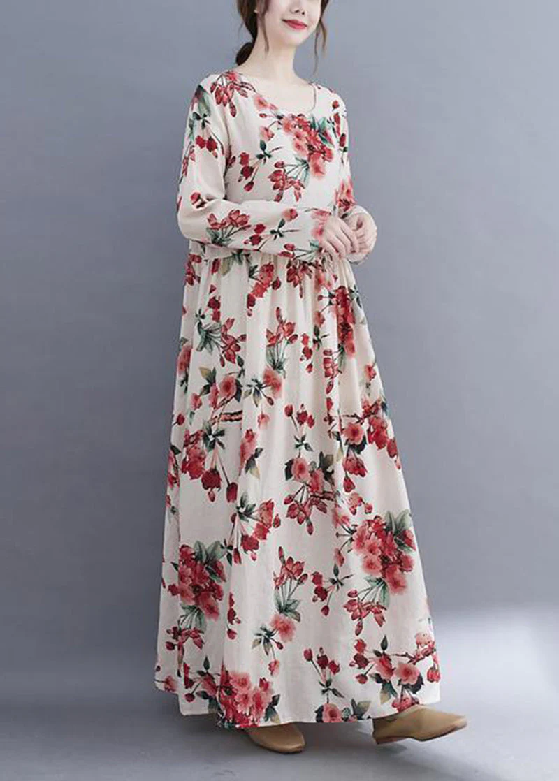 Bohemian White Oversized Floral Print Cotton Holiday Dress Spring - Image 2