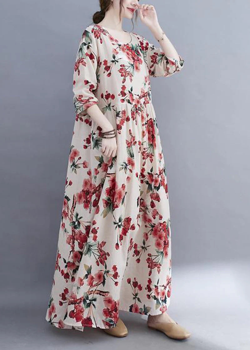 Bohemian White Oversized Floral Print Cotton Holiday Dress Spring - Image 3