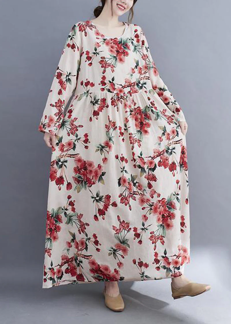 Bohemian White Oversized Floral Print Cotton Holiday Dress Spring - Image 4
